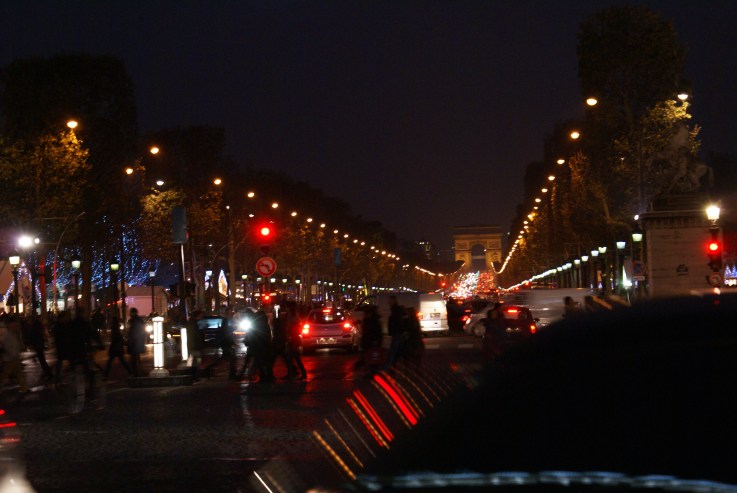 View down the Champs Elysées from Place de la Concorde, looking at l'Arc de Triomphe; Paris. Nov 17, 2012.